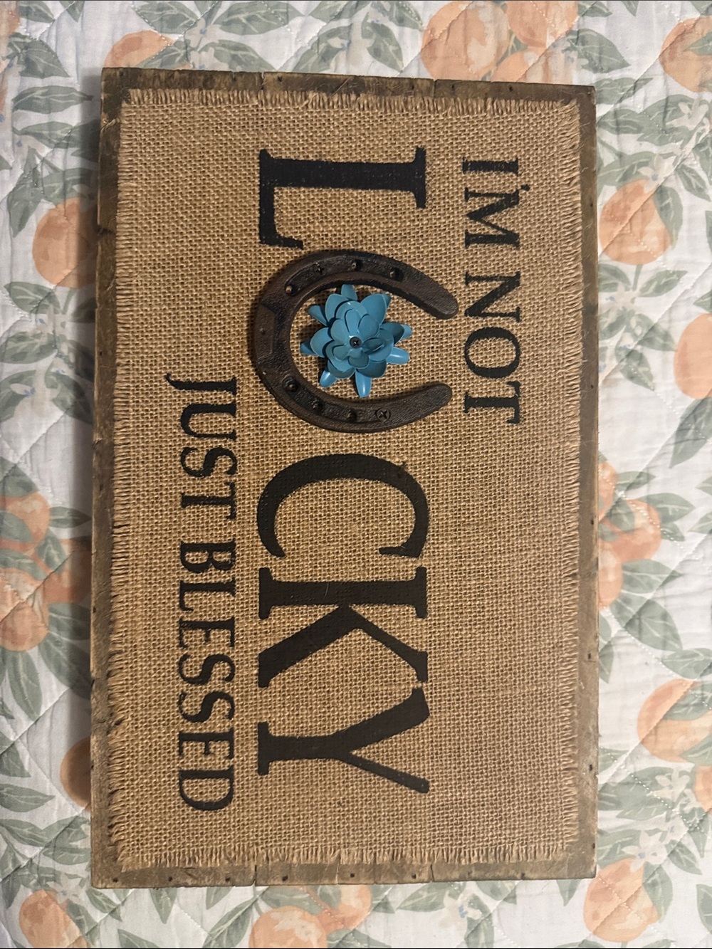 I'm Not Lucky Just Blessed Burlap Wall Art with Blue Flower Accent